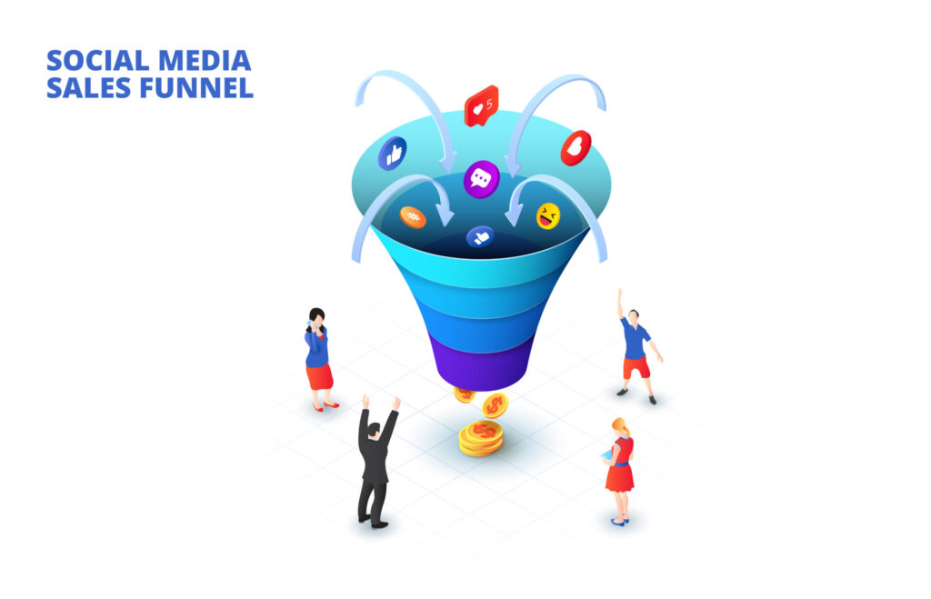 A diagram of people surrounding a social media sales funnel